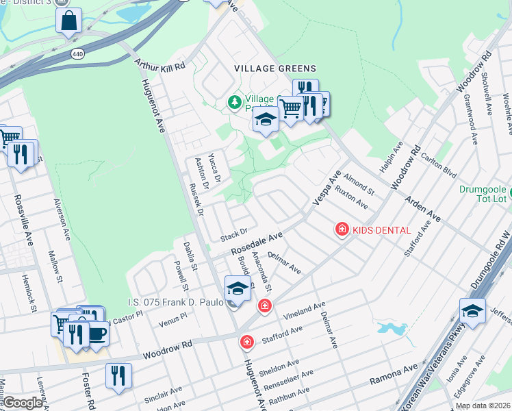 map of restaurants, bars, coffee shops, grocery stores, and more near 127 Green Valley Road in Staten Island