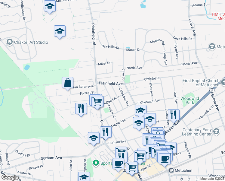 map of restaurants, bars, coffee shops, grocery stores, and more near 115 Harvard Avenue in Metuchen