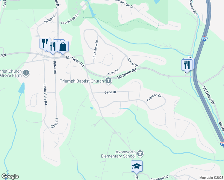 map of restaurants, bars, coffee shops, grocery stores, and more near 131 Gene Drive in Pittsburgh