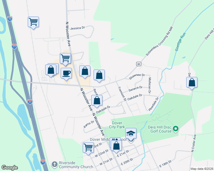 map of restaurants, bars, coffee shops, grocery stores, and more near 226 County Highway 80 in Dover