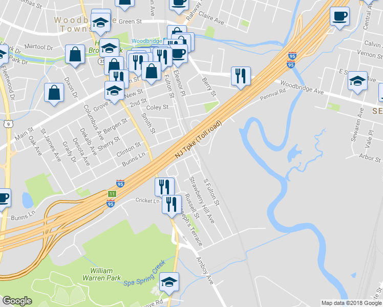 map of restaurants, bars, coffee shops, grocery stores, and more near 221 Fulton Street in Woodbridge Township