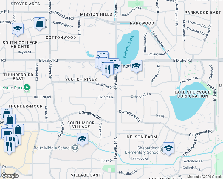 map of restaurants, bars, coffee shops, grocery stores, and more near 1001 Strachan Drive in Fort Collins