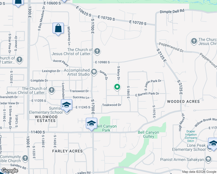 map of restaurants, bars, coffee shops, grocery stores, and more near 11109 Susan Drive in Sandy