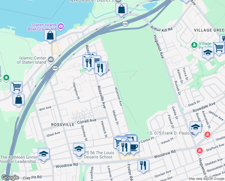 map of restaurants, bars, coffee shops, grocery stores, and more near 46 Selkirk Street in Staten Island