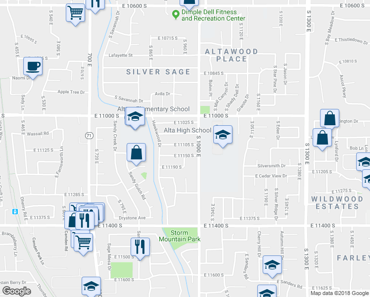 map of restaurants, bars, coffee shops, grocery stores, and more near 956 East 11105 South in Sandy