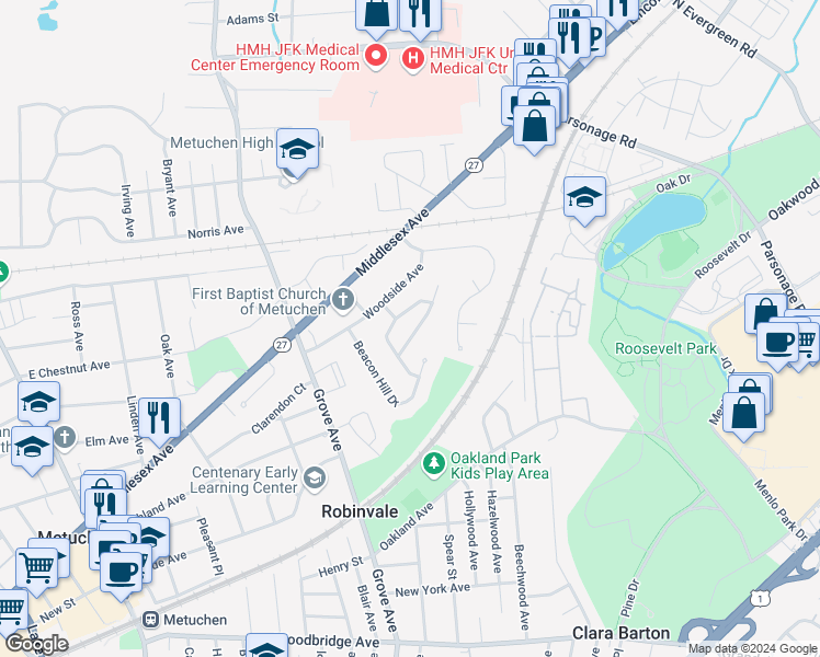 map of restaurants, bars, coffee shops, grocery stores, and more near 26 Lexington Drive in Metuchen