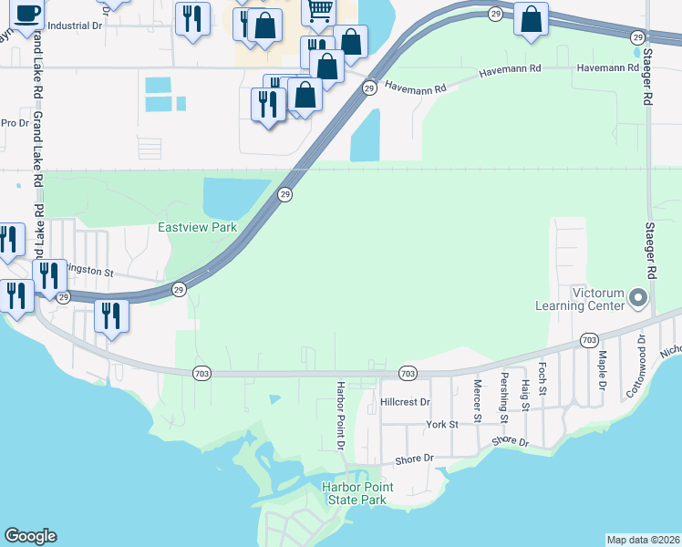map of restaurants, bars, coffee shops, grocery stores, and more near 2505 State Route 703 in Celina