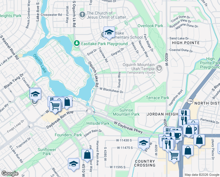 map of restaurants, bars, coffee shops, grocery stores, and more near 4346 West Blackshear Drive in South Jordan