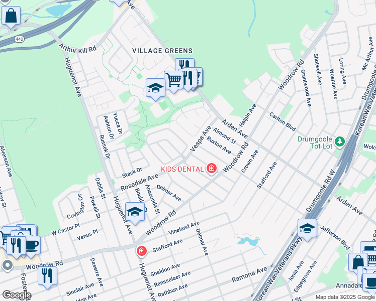 map of restaurants, bars, coffee shops, grocery stores, and more near 382 Green Valley Road in Staten Island