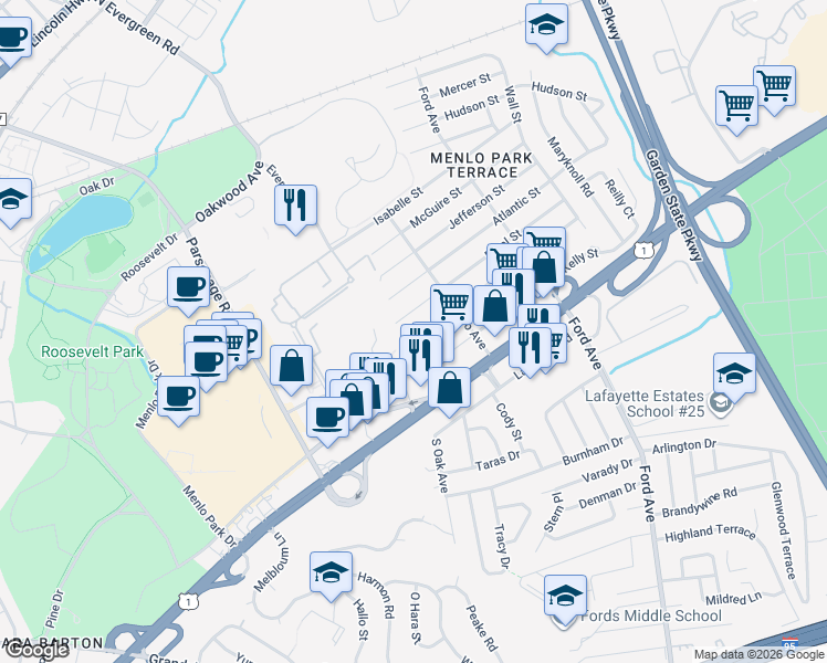 map of restaurants, bars, coffee shops, grocery stores, and more near 11 Mason Street in Metuchen