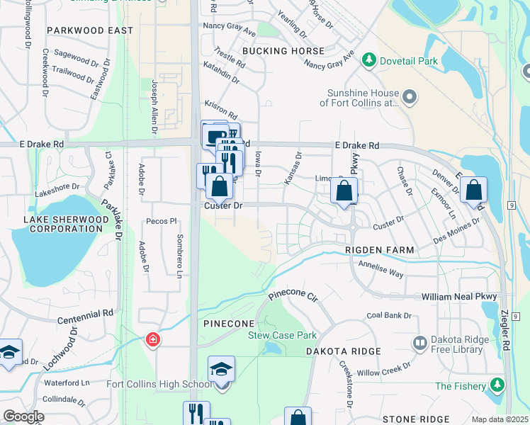 map of restaurants, bars, coffee shops, grocery stores, and more near 2814 Iowa Drive in Fort Collins