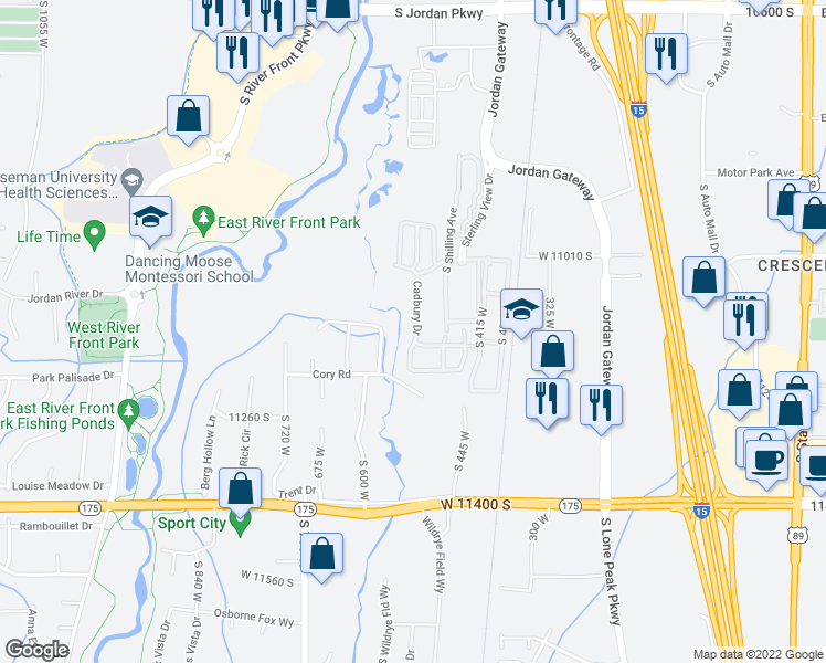 map of restaurants, bars, coffee shops, grocery stores, and more near 11118 Cadbury Drive in South Jordan