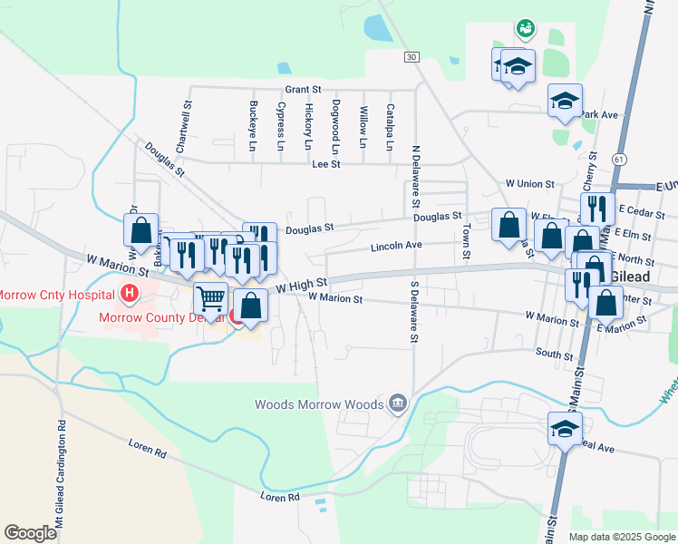 map of restaurants, bars, coffee shops, grocery stores, and more near 334 West High Street in Mount Gilead