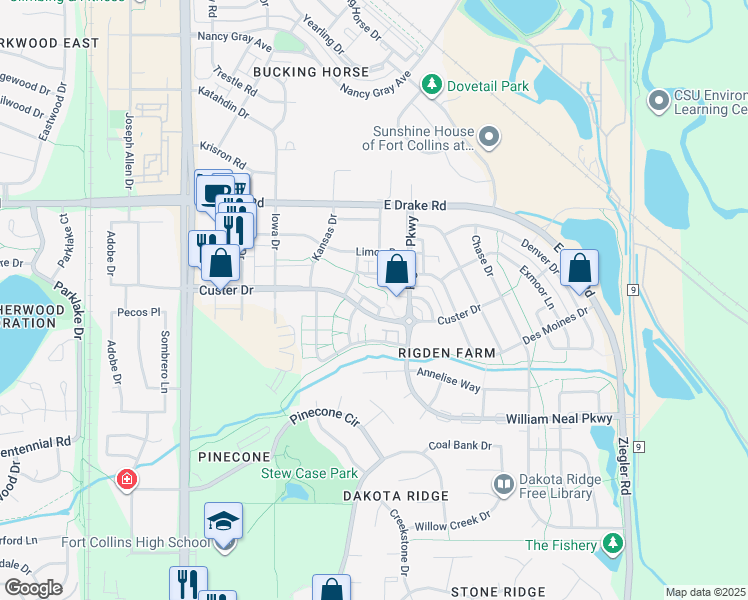 map of restaurants, bars, coffee shops, grocery stores, and more near 13 Willow Tree Lane in Fort Collins