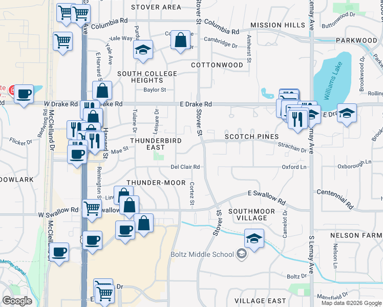 map of restaurants, bars, coffee shops, grocery stores, and more near 2825 Stover Street in Fort Collins