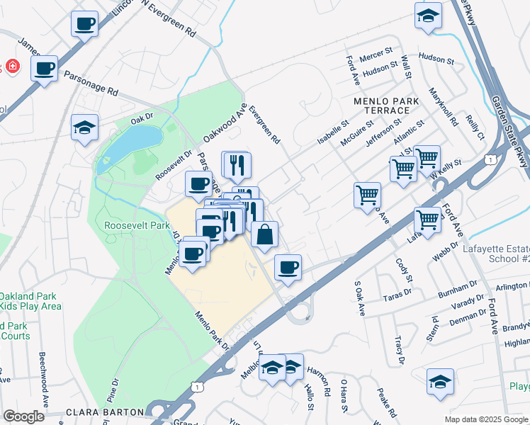 map of restaurants, bars, coffee shops, grocery stores, and more near 197 Evergreen Road in Edison