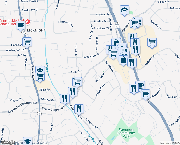 map of restaurants, bars, coffee shops, grocery stores, and more near 5900 Babcock Boulevard in Pittsburgh