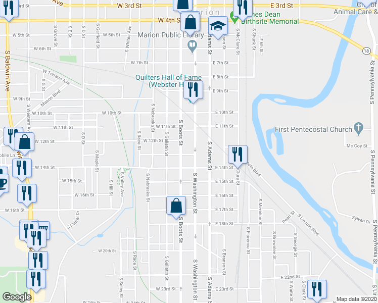 map of restaurants, bars, coffee shops, grocery stores, and more near 1217 South Boots Street in Marion