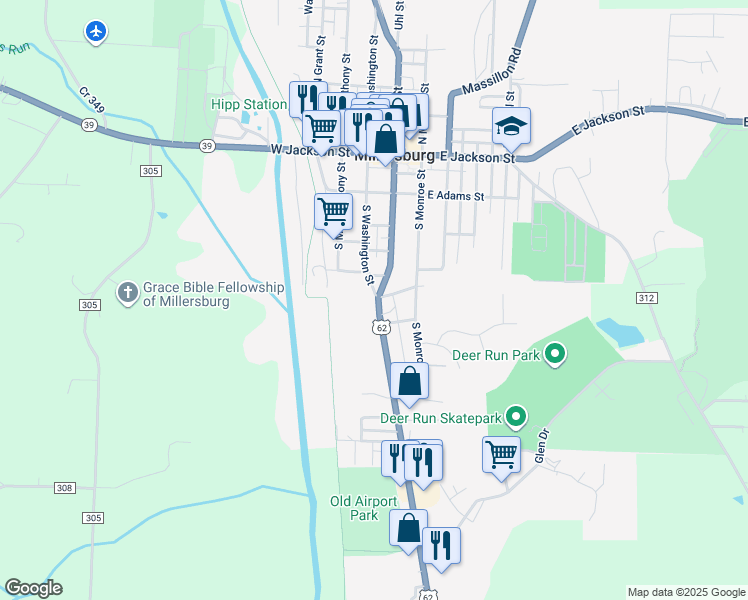 map of restaurants, bars, coffee shops, grocery stores, and more near 474 South Clay Street in Millersburg