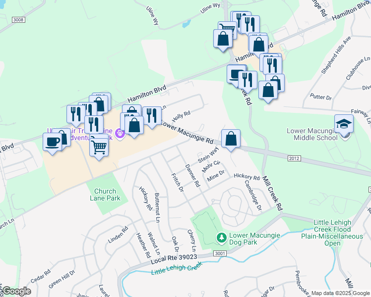 map of restaurants, bars, coffee shops, grocery stores, and more near 1255 Danner Road in Macungie