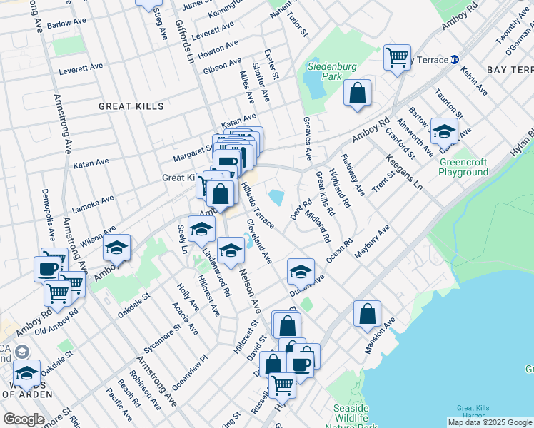 map of restaurants, bars, coffee shops, grocery stores, and more near 77 Hillside Terrace in Staten Island