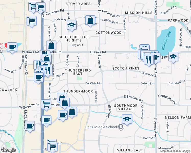 map of restaurants, bars, coffee shops, grocery stores, and more near 2825 Stover Street in Fort Collins