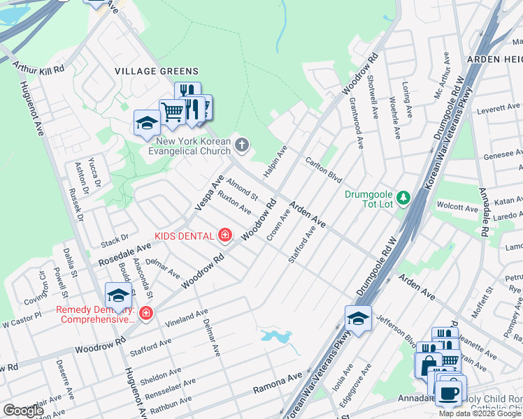 map of restaurants, bars, coffee shops, grocery stores, and more near 651 Woodrow Road in Staten Island