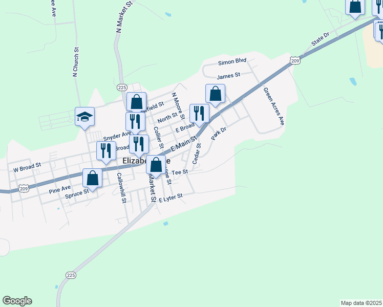 map of restaurants, bars, coffee shops, grocery stores, and more near 29 South Moore Street in Elizabethville