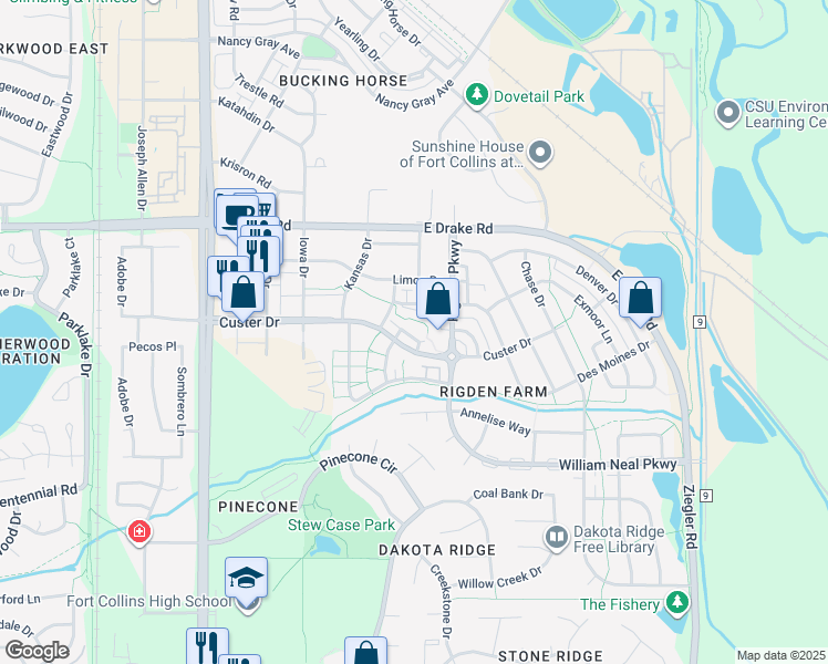 map of restaurants, bars, coffee shops, grocery stores, and more near 13 Willow Tree Lane in Fort Collins