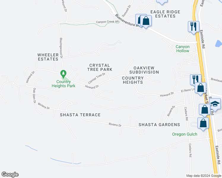 map of restaurants, bars, coffee shops, grocery stores, and more near 2731 Summerbreeze Place in Redding
