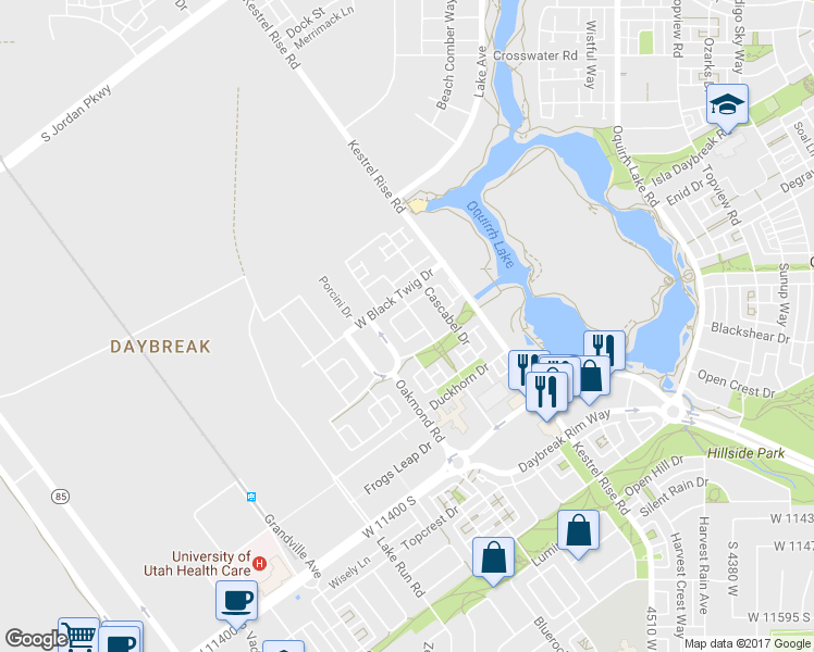 map of restaurants, bars, coffee shops, grocery stores, and more near 11110 Radicchio Drive in South Jordan