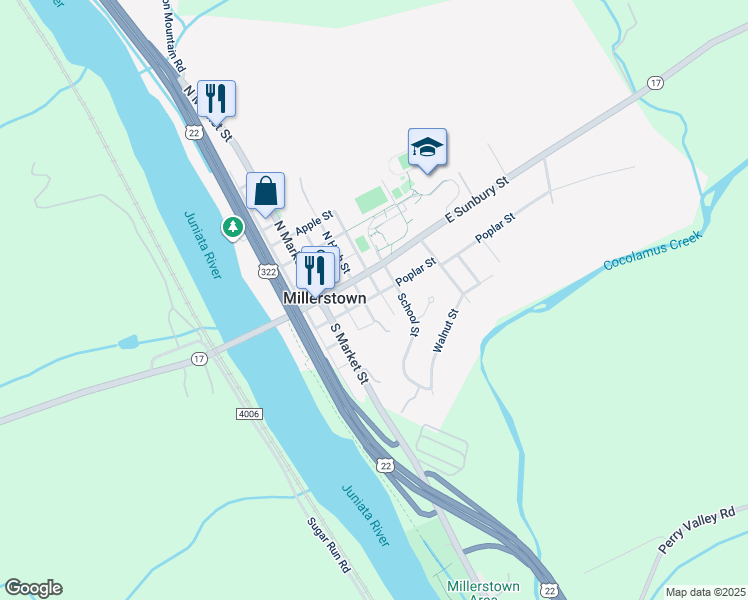 map of restaurants, bars, coffee shops, grocery stores, and more near 306 Poplar Alley in Millerstown