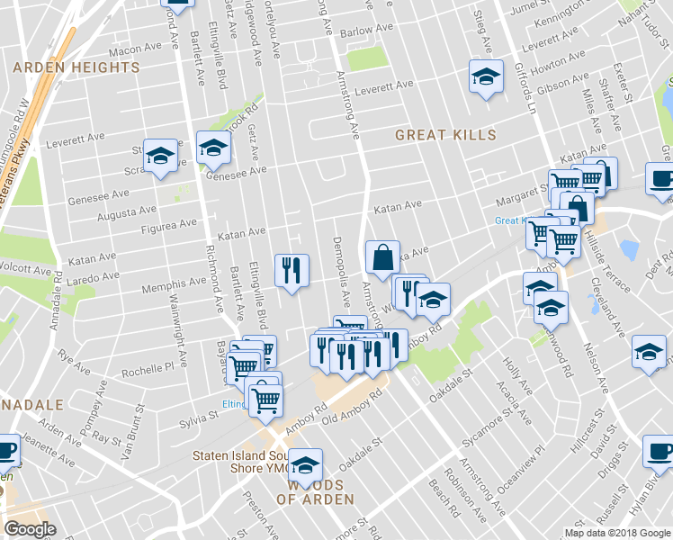 map of restaurants, bars, coffee shops, grocery stores, and more near 68 Demopolis Avenue in Staten Island