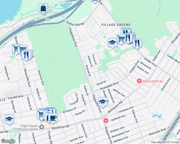 map of restaurants, bars, coffee shops, grocery stores, and more near 27 Geyser Drive in Staten Island