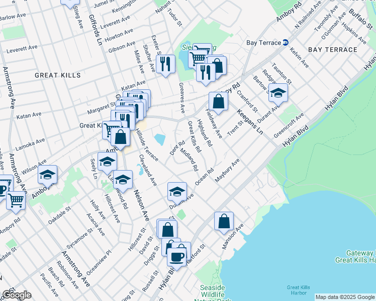 map of restaurants, bars, coffee shops, grocery stores, and more near 81 Midland Road in Staten Island