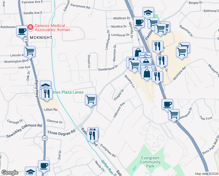 map of restaurants, bars, coffee shops, grocery stores, and more near 5900 Babcock Boulevard in Pittsburgh