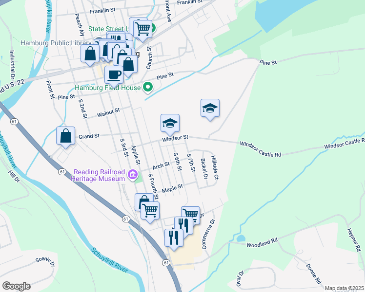 map of restaurants, bars, coffee shops, grocery stores, and more near 410 S 7th St in Hamburg
