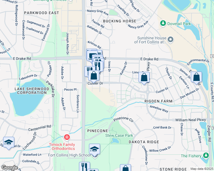 map of restaurants, bars, coffee shops, grocery stores, and more near 2815 Iowa Drive in Fort Collins