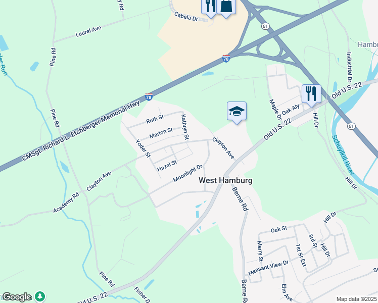 map of restaurants, bars, coffee shops, grocery stores, and more near 100 Hazel Street in Hamburg