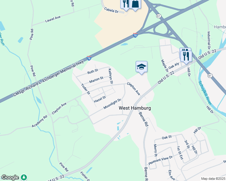 map of restaurants, bars, coffee shops, grocery stores, and more near 100 Hazel Street in Hamburg