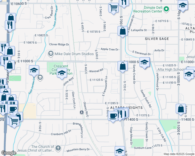 map of restaurants, bars, coffee shops, grocery stores, and more near 543 East 11125 South in Sandy