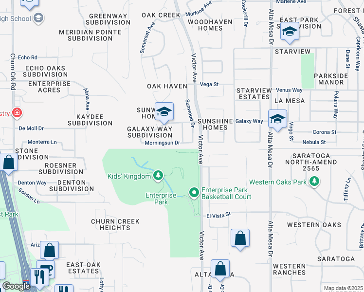 map of restaurants, bars, coffee shops, grocery stores, and more near 1661-1687 Morningsun Drive in Redding