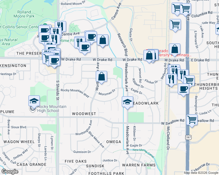 map of restaurants, bars, coffee shops, grocery stores, and more near 2724 Stagecoach Court in Fort Collins