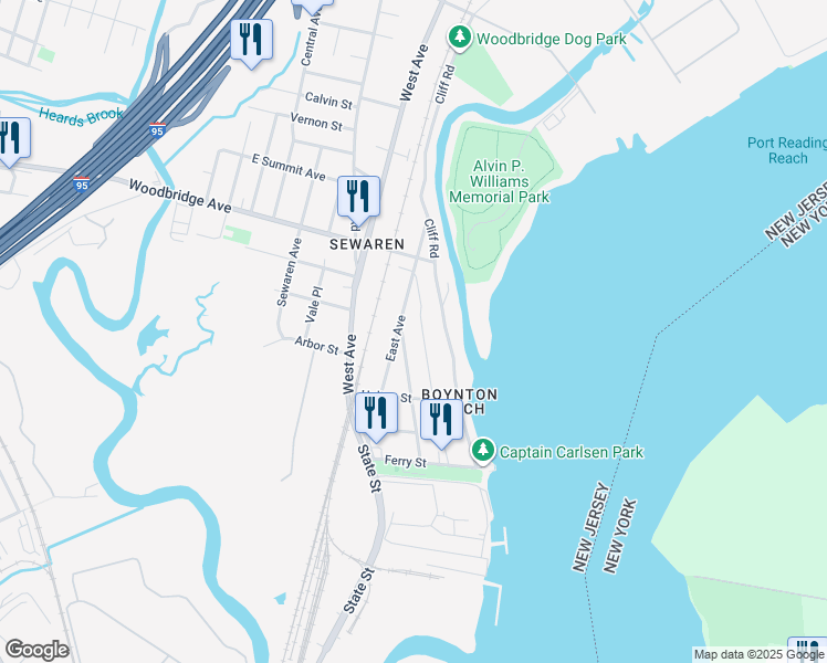 map of restaurants, bars, coffee shops, grocery stores, and more near 440 East Avenue in Woodbridge Township