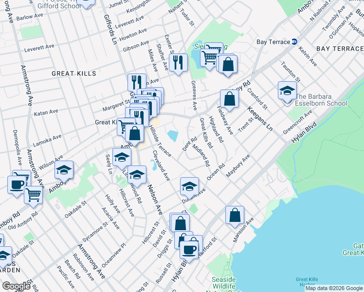 map of restaurants, bars, coffee shops, grocery stores, and more near 81 Dent Road in Staten Island