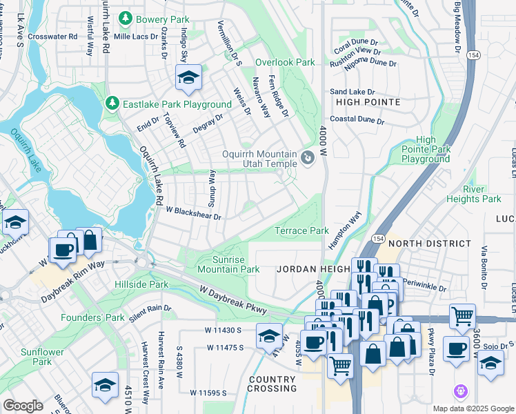 map of restaurants, bars, coffee shops, grocery stores, and more near 4159 Beauclair Drive in South Jordan