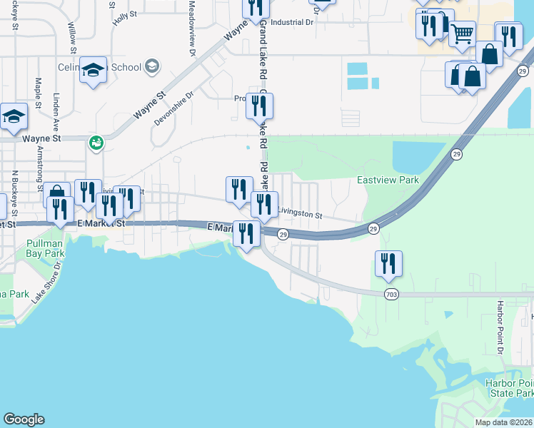 map of restaurants, bars, coffee shops, grocery stores, and more near 130 Hamilton Street in Celina