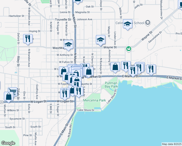 map of restaurants, bars, coffee shops, grocery stores, and more near 123 North Cherry Street in Celina