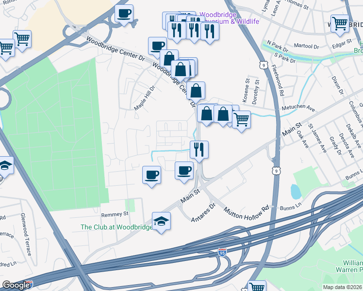 map of restaurants, bars, coffee shops, grocery stores, and more near Plaza Drive in Woodbridge Township