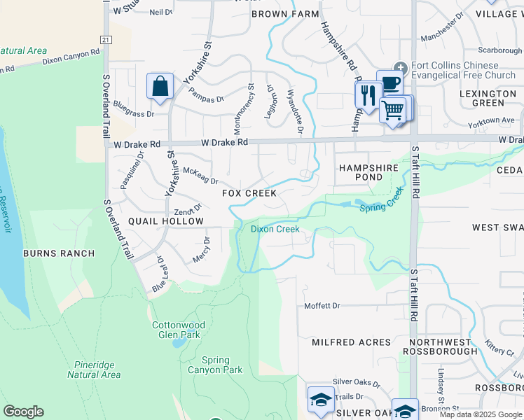 map of restaurants, bars, coffee shops, grocery stores, and more near 2533 Tucker Court in Fort Collins